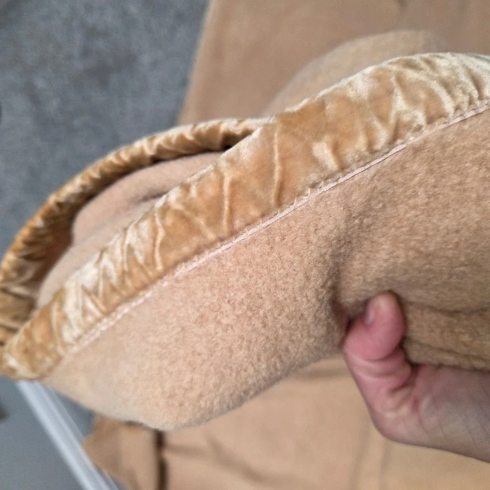 Vintage Camel Tan Wool Blend Blanket Velvet Binding Trim Oversized 94x84 Rustic